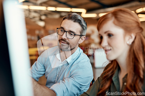 Image of Businessman, computer and coach in collaboration for ideas, team strategy or planning at the office. Man mentor coaching woman and training staff on technology in teamwork for solution at workplace