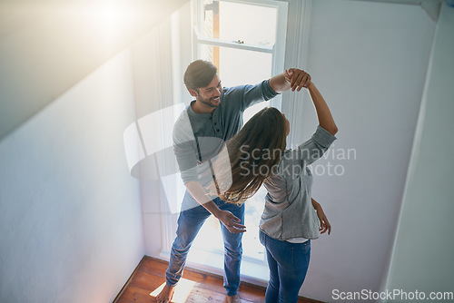 Image of Love, couple and dance in home, top view and having fun together for romance. Dancing, happy and man and woman, bonding and affection, freedom and enjoying quality time on anniversary mockup in house