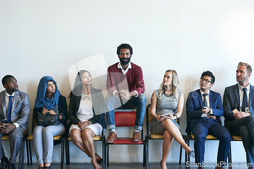 Image of Group, recruitment and people waiting for job interview, diversity and hiring opportunity in business. Portrait, worker and recruiting success or career, human resources and resume application