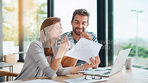 Image of Couple, planning budget and finance documents for tax, bills and savings on laptop with banking, online payment and investment. People, paperwork or happy conversation on financial strategy or profit