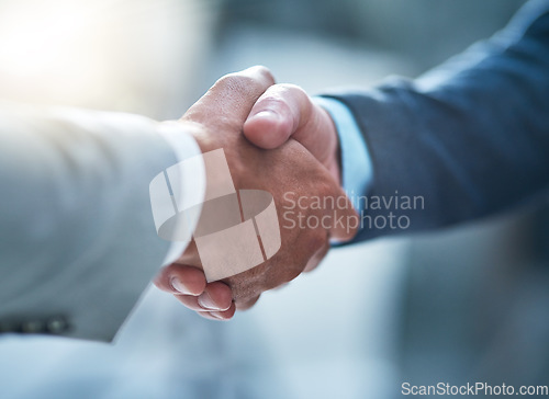 Image of Business people, deal and handshake by men for b2b partnership, welcome and hiring success. Thank you, shaking hands and person team in recruitment agreement, promotion or onboarding negotiation