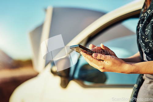 Image of Breakdown, car and hands of woman with phone for help or search for roadside assistance and auto insurance. Emergency, transport and lady with engine problems, smartphone and text for online service.