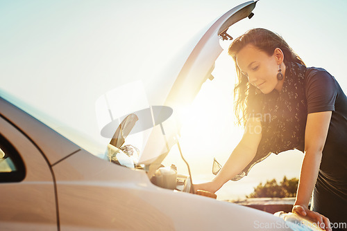 Image of Breakdown, car and woman with engine problem waiting for roadside assistance and auto insurance service. Emergency, transport crisis and girl on road trip with motor problems checking under cars hood