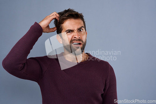 Image of Doubt, confused and portrait of man with puzzled, uncertain and scratch head on gray background. Thinking, mockup space and face of male person worried for decision, choice and question in studio