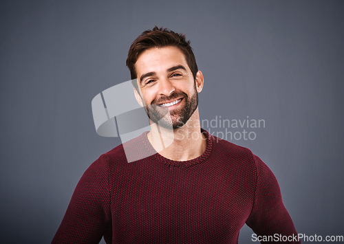 Image of Happy, handsome or headshot portrait of a man isolated on studio background with confidence or smile. Model, mock up space or face of male person smiling with happiness or positive mindset in Italy