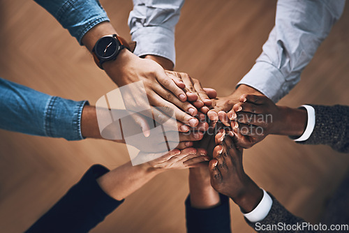 Image of Winners, high five or hands of business people winning with support for faith, motivation or planning in office. Goals, teamwork or above of employees in collaboration with hope or mission together