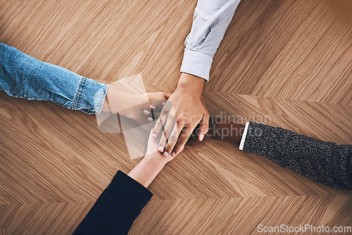Image of Teamwork, planning or hands of business people in support for faith, community or strategy in startup office. Vision, above or employees in group collaboration with hope or mission for goals together