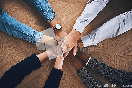Image of Goals, strategy or hands of business people in support for faith, community or planning in startup office. Teamwork, vision or above of employees in group collaboration with hope or mission together