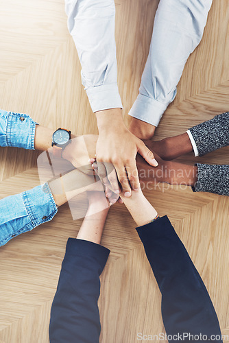 Image of Goals, planning or hands of business people in support for faith, community or strategy in startup office. Teamwork, vision or above of employees in group collaboration with hope or mission together
