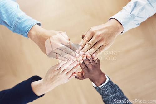 Image of Link, high five or hands of business people winning with support for faith, motivation or planning in office. Teamwork, winners or above of employees in collaboration with hope or mission together