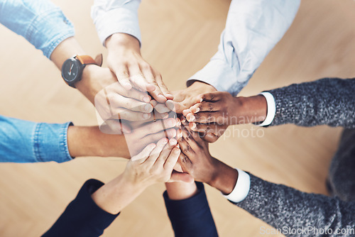 Image of Team, high five or hands of business people winning with support for hope, motivation or planning in office. Zoom, winners or above of employees in collaboration with vision goals or mission together