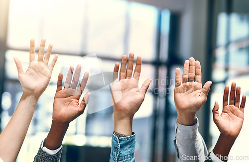Image of Business people, worker hands and question in a office meeting with diversity and at work. Collaboration, teamwork and solidarity of staff with arms and hand raised in a workplace with company team