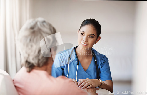 Image of Support, healthcare and nurse with a senior patient explaining a diagnosis after consultation. Medical, empathy and female caretaker volunteer consoling an elderly lady in retirement at nursing home.