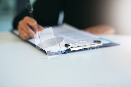 Image of Administration, planning and person with paperwork for application, insurance and personal information. Business, company and woman writing on a report, document or survey with feedback or checklist