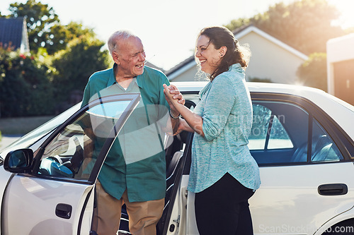 Image of Car, help and caregiver woman with old man for assisted living, retirement care and rehabilitation. Travel, transportation and female helping elderly male person from motor vehicle for health service