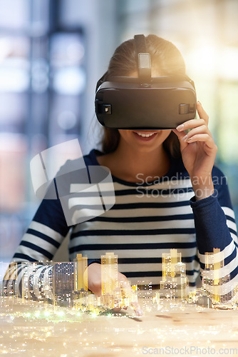 Image of Happy woman, VR and smile in double exposure of city buildings for testing or metaverse at the office. Female person smiling in virtual reality, building or architecture with technology at workplace