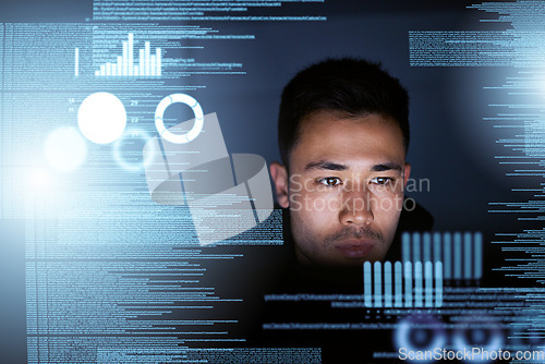 Image of Data, programmer and man with focus, hologram or cyber security with website information, futuristic or night. Male person, hacker or coder with overlay, analytics or holographic with cloud computing