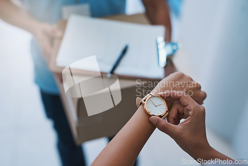 Image of Watch, late and delivery with a customer checking the time for service delivery of a courier company. Logistics, ecommerce and retail with a consumer timing the shipping of an online shopping product