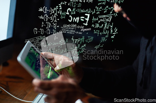 Image of Coding, man hands and tablet hacking, software malware and password code in dark room, night or math overlay. Online crime, cyber hacker or programmer person with digital technology and data hologram