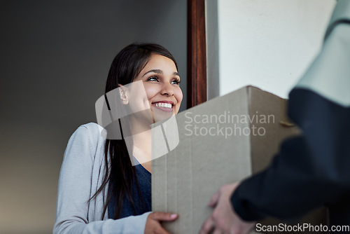 Image of Happy, woman and courier with a package, delivery and distribution with a box, supply chain and ecommerce. Female person, customer and client with employee, worker and shipping with parcel and order