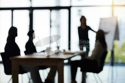 Image of Silhouette, meeting and blur of business people in office for presentation, planning and conversation. Corporate workplace, collaboration and men and women for teamwork, communication and strategy