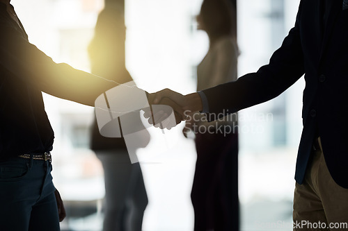 Image of Silhouette, handshake and business people in office for partnership deal, planning and agreement. Corporate office, recruitment and workers shaking hands for welcome, communication and onboarding
