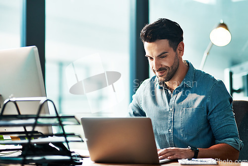 Image of Business man, laptop and typing in office for planning strategy, online research and working at desk. Employee, computer and website connection for digital project, internet software or tech analysis