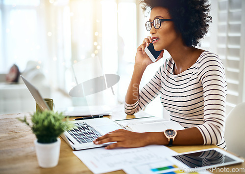 Image of Phone call, laptop and black woman financial advisor talking to business contact for startup strategy in a conversation. Cellphone, job and entrepreneur or employee planning graph results in office