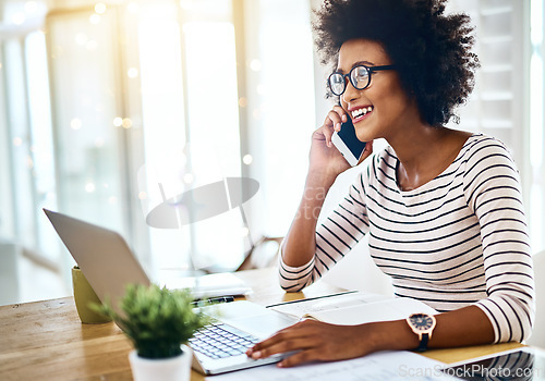 Image of Phone call, laptop and African employee woman talking, communication and conversation in startup office. Cellphone, happy and professional entrepreneur or worker planning with contact and working