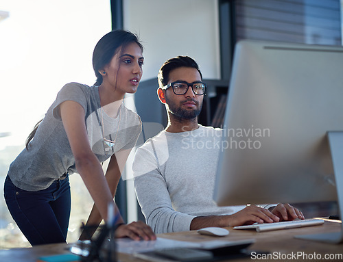 Image of Advice, talking and business people with a computer for training, strategy and collaboration. Teamwork, management and employees working on an online project together with a pc for connectivity