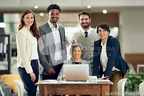 Image of Portrait, teamwork or happy business people in meeting for ideas, strategy or planning a startup company. CEO, laptop or employees smiling with leadership or group support for a vision in office