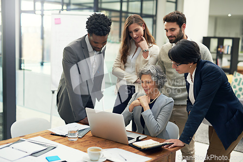 Image of Laptop, teamwork or business people thinking in meeting for ideas, strategy or planning a startup company. CEO woman, problem solving or employees in brainstorming for a solution or vision in office