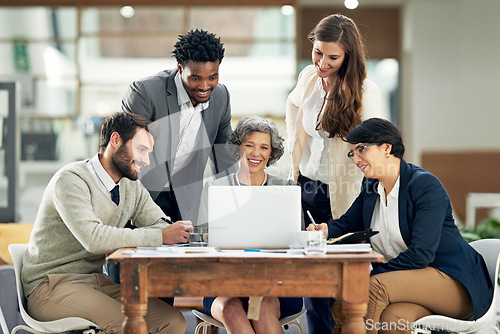 Image of Smile, laptop or happy business people in meeting for team strategy or planning a startup company. CEO, diversity or employees smiling with notes, leadership or group support for success in office