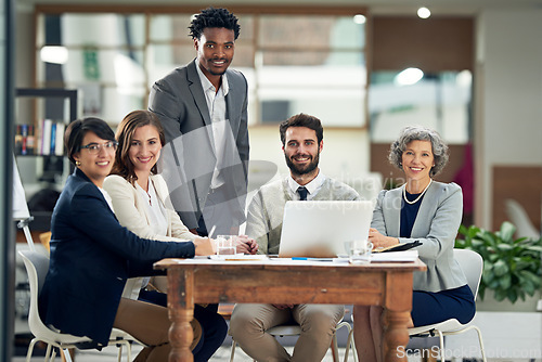 Image of Happy, startup or portrait of business people in meeting for team strategy or planning a project in company. CEO, laptop or employees smiling with leadership or group support for success in office