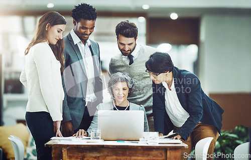 Image of Business people, laptop or women talking in meeting for ideas, strategy or planning a company project. CEO, teamwork or employees in group discussion or speaking with leadership for vision in office