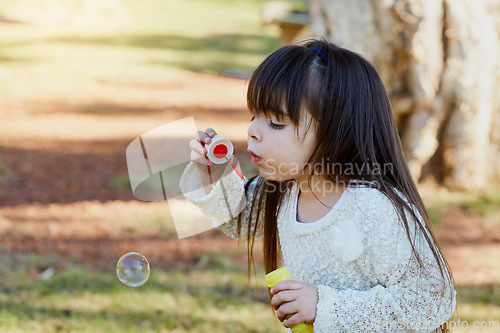 Image of Nature, outdoor and girl blowing bubbles, freedom and playing for fun, development and happiness. Female child, kid and young person in the park, soap and game with bubble wand, growth and vacation