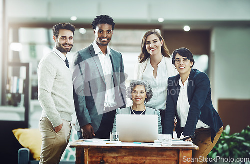 Image of Smile, diversity or portrait of business people in meeting for team strategy or planning a startup company. CEO, laptop or happy workers smiling with leadership or group support for growth in office