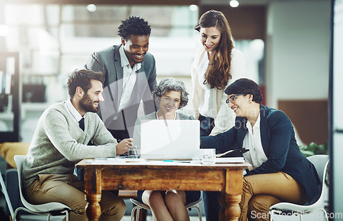 Image of Collaboration, laptop or happy business people in meeting for ideas, online strategy or planning project. Digital, teamwork or employees talking or speaking with leadership for growth in office