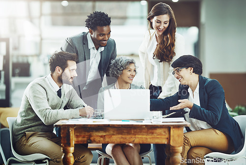 Image of Business people, teamwork or woman talking in meeting for ideas, strategy or planning a startup company. CEO, laptop or employees in group discussion or speaking with leadership for growth in office