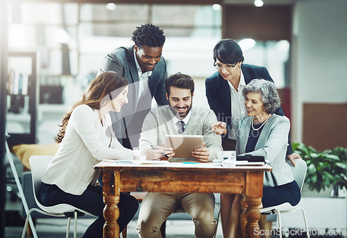 Image of Tablet, happy or business people planning in meeting for team strategy or working on project in company. Online, digital news or employees smiling or talking in group discussion for growth in office