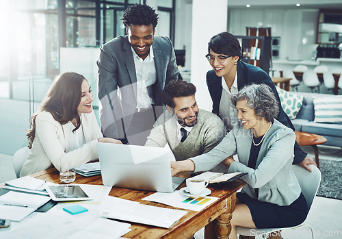 Image of Business people, laptop or woman speaking in meeting for ideas, strategy or planning a company project. CEO, teamwork or employees in group discussion or talking with leadership for vision in office