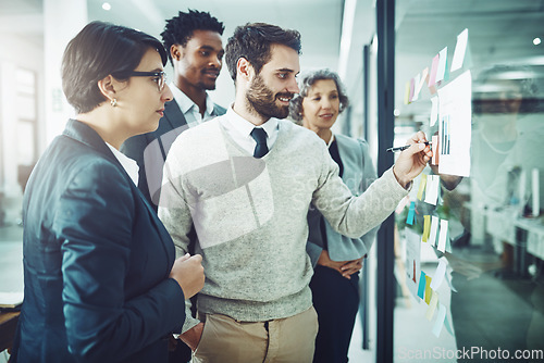 Image of Business people, brainstorming or man writing on glass board for planning or speaking of solution or ideas. Teamwork, sticky note or employees in meeting with leadership for problem solving together