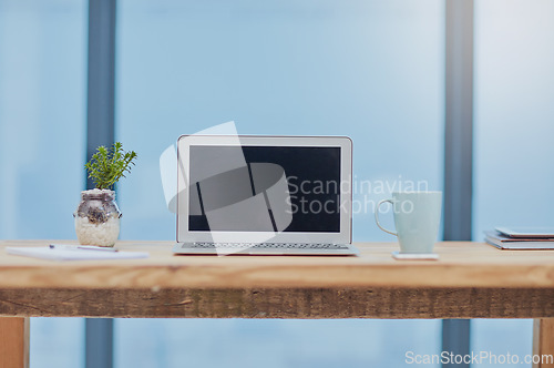 Image of Empty workspace, modern office and laptop screen at a desk for mockup, connectivity and email. Corporate, pc and technology work for connection, networking and online space at a professional agency