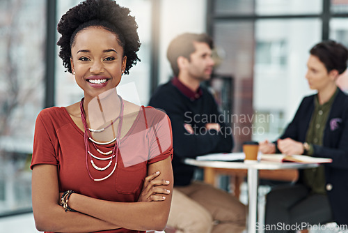 Image of Portrait, business and happy black woman with arms crossed in office workplace. Face, confidence and African female professional, entrepreneur and person with happiness, pride for career and job.