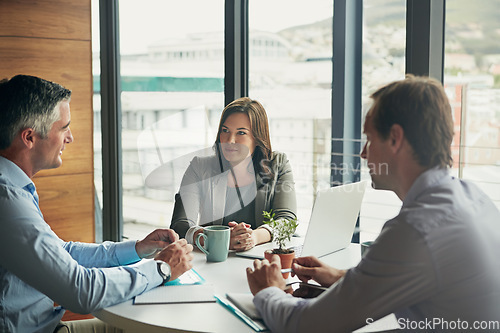 Image of Meeting, talking and planning of business people in office for teamwork, management ideas and professional brainstorming. Manager, woman employee and clients listening, speaking or advice for project