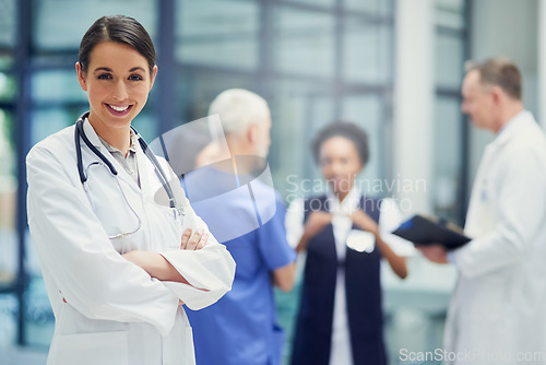 Image of Health care, happiness and portrait of woman doctor with mockup, confident smile in hospital and leadership in medicine. Healthcare career, mock up and happy medical professional in lobby of clinic.