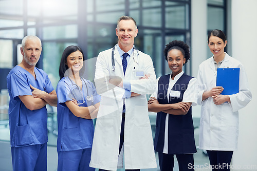 Image of Healthcare, teamwork and portrait of hospital staff, doctors and nurses for support in medical career. Health care, wellness and team of confident men, women and clinic with smile and work happiness.