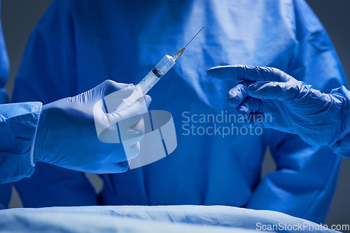 Image of Surgery, teamwork and hands of doctor with needle for healthcare, tools and focus on professional medicine. Medical innovation, operating room and surgeon with expert staff in hospital operation.