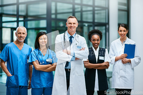 Image of Health care, happiness and portrait of doctors with nurses, teamwork and support in medical career. Healthcare, medicine and trust, happy team of men and women, hospital staff with confident smile.