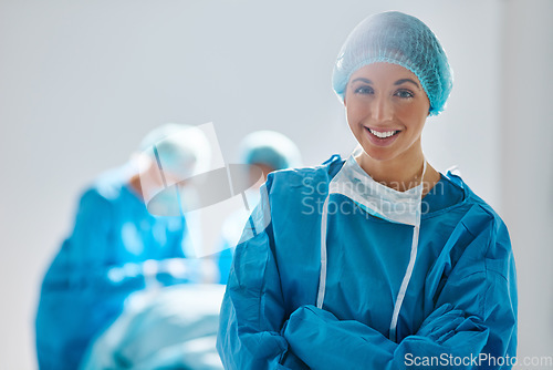 Image of Surgery, operating room and portrait of woman doctor or nurse in hospital for support and trust in medical work. Health care, wellness and medicine, confident and professional surgeon with smile.